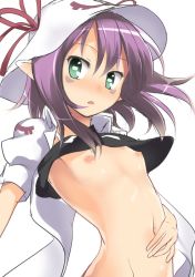 Rule 34 | 1girl, blush, bottomless, breasts, crop top, facial mark, flat chest, green eyes, hand on own stomach, hat, looking at viewer, merry nightmare, navel, nipples, no bra, open mouth, pointy ears, purple hair, ribbon, short hair, simple background, small breasts, solo, stomach, uhyoko, white background, yumekui merry