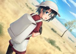Rule 34 | 1girl, backpack, bag, black hair, blue eyes, commentary request, feathers, from behind, gloves, grasslands, helmet, holding strap, kaban (kemono friends), kemono friends, looking back, miyai sen, pantyhose, partial commentary, pith helmet, shirt, short hair, short sleeves, shorts, smile, solo, t-shirt