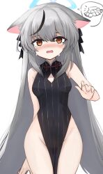 Rule 34 | 1girl, animal ears, arm behind back, bare shoulders, black dress, black hair, black ribbon, blue archive, blush, breasts, cleavage cutout, clothing cutout, covered navel, cowboy shot, crying, dress, ears down, embarrassed, female focus, grey hair, groin, hair ribbon, halo, hand up, highres, kokona (blue archive), le xue, long hair, looking at viewer, multicolored hair, no panties, nose blush, open mouth, orange eyes, pelvic curtain, ribbon, sidelocks, simple background, sleeveless, sleeveless dress, small breasts, solo, speech bubble, spoken object, standing, straight-on, streaked hair, tears, thighs, two-tone hair, very long hair, white background