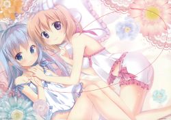 Rule 34 | 2girls, absurdres, ass, babydoll, bare shoulders, bed sheet, blue eyes, blue hair, blush, bottomless, breasts, brown hair, chemise, closed mouth, collaboration, fingernails, flower, frilled pillow, frills, gochuumon wa usagi desu ka?, groin, hairband, highres, holding hands, hoto cocoa, huge filesize, kafuu chino, korie riko, lingerie, long hair, looking at viewer, lying, medium breasts, mitsumomo mamu, multiple girls, no panties, on bed, on side, pillow, purple eyes, red ribbon, ribbon, ribbon-trimmed underwear, ribbon trim, scan, short hair, small breasts, smile, strap slip, string, string of fate, striped clothes, striped hairband, underwear, underwear only, white babydoll