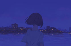 Rule 34 | 1girl, back, blouse, blue theme, city lights, cityscape, commentary request, highres, light reflection (water), night, night sky, original, reflection, reflective water, scenery, shirt, short hair, sky, solo, star (sky), upper body, water, white shirt, yean