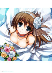 Rule 34 | 1girl, absurdres, bare shoulders, blue eyes, blush, bouquet, breasts, bridal veil, bride, brown hair, cleavage, collarbone, dress, elbow gloves, flower, gloves, hair ornament, highres, holding, huge filesize, jewelry, looking at viewer, medium breasts, mole, mole under mouth, necklace, pearl necklace, scan, solo, strapless, strapless dress, tears, tomose shunsaku, veil, wedding dress, white dress, white gloves