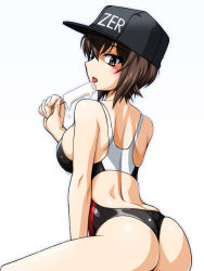 Rule 34 | 1girl, ass, baseball cap, blush, breasts, brown hair, food, girls und panzer, hat, large breasts, licking, looking at viewer, looking back, nishizumi maho, oosaka kanagawa, open mouth, popsicle, short hair, shoulder blades, simple background, skindentation, solo, swimsuit, tongue, tongue out, white background