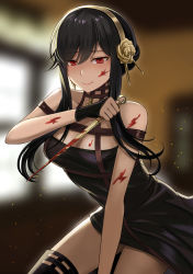 Rule 34 | 1girl, bare shoulders, black dress, black gloves, black hair, black thighhighs, blood, blood on face, blurry, blurry background, breasts, cleavage, commentary request, cowboy shot, dress, fingerless gloves, gloves, hairband, highres, holding, holding weapon, indoors, light particles, long hair, medium breasts, pencil dress, red eyes, reverse grip, saku (x777x), sidelocks, solo, spy x family, thighhighs, thighs, weapon, yor briar