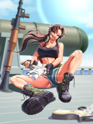 Rule 34 | 1girl, bare arms, bare legs, bare shoulders, belt, black fingerless gloves, black lagoon, boots, breasts, brown hair, cigarette, crop top, fingerless gloves, gloves, green belt, gun, handgun, highres, holding, holding weapon, holster, knee up, landscape, large breasts, looking at viewer, midriff, navel, outdoors, ponytail, revy (black lagoon), rocket launcher, short shorts, shorts, sitting, sleeveless, smile, smoke trail, smoking, spread legs, stomach, tattoo, teeth, weapon