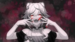 Rule 34 | 1girl, absurdres, animal (vocaloid), animal ears, bandages, choker, clero (viprimo), dark background, erika byakko, fangs, hair ornament, hands in hair, highres, monochrome, multicolored hair, nail polish, open mouth, paint splatter, paint splatter on face, red eyes, short hair, solo, spot color, streaked hair, tiger ears, virtual youtuber, vreverie