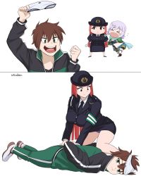 Rule 34 | 1boy, 2girls, :t, absurdres, aki-chan (dismaiden), all fours, armband, arrest, artist name, belt, black footwear, black jacket, black skirt, blunt ends, blush, bow, bow panties, breast pocket, brown hair, chibi, chris (konosuba), clothes theft, collared shirt, commentary, dismaiden, dress shirt, english commentary, flying teardrops, green eyes, hair between eyes, hat, high heels, highres, holding, holding clothes, holding panties, holding underwear, jacket, kono subarashii sekai ni shukufuku wo!, long hair, looking at another, lying, multiple girls, necktie, nose blush, object on head, on stomach, open mouth, panties, panties on head, pocket, police, police hat, police uniform, policewoman, pout, purple panties, red hair, satou kazuma, shirt, shorts, skirt, teeth, theft, thighhighs, thighs, underwear, underwear on head, underwear theft, uniform, upper teeth only, v-shaped eyebrows, very long hair, white footwear, white panties, white shirt
