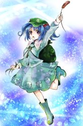 Rule 34 | 1girl, :o, arm up, backpack, bag, blue eyes, blue hair, cattail, female focus, hair bobbles, hair ornament, hat, kawashiro nitori, key, leg up, makuwauri, matching hair/eyes, open mouth, plant, short hair, skirt, solo, touhou, twintails, two side up