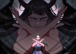 Rule 34 | 2girls, black hair, bow, crossed arms, demon girl, demon horns, demon wings, dual persona, evil grin, evil smile, fangs, floating hair, giant, giantess, grin, hair bow, hair slicked back, hana hana no mi, hands up, highres, horns, japanese clothes, kimono, long hair, looking at viewer, multiple girls, mygiorni, nico robin, nude, one piece, petals, sleeveless, sleeveless kimono, smile, spoilers, v-shaped eyebrows, very long hair, wings