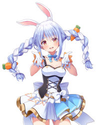 Rule 34 | 1girl, animal ear fluff, animal ears, belt, blue hair, blue ribbon, blush, bow, bowtie, braid, breasts, carrot hair ornament, cleavage, commentary, corset, cowboy shot, detached collar, dress, english commentary, floating hair, food-themed hair ornament, frilled dress, frills, gloves, gold belt, gold trim, hair between eyes, hair ornament, hair ribbon, head tilt, hololive, idol, large bow, light blue hair, long hair, looking at viewer, medium breasts, multicolored hair, neck ribbon, official alternate costume, open mouth, rabbit-shaped pupils, rabbit ears, rabbit girl, rariemonn, red eyes, ribbon, simple background, sleeveless, sleeveless dress, smile, solo, streaked hair, symbol-shaped pupils, thick eyebrows, traditional bowtie, tress ribbon, twin braids, twintails, two-tone hair, underbust, usada pekora, virtual youtuber, white background, white bow, white dress, white gloves, white hair, white ribbon