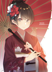 Rule 34 | 1girl, 2020, animal, animal on shoulder, black hair, closed mouth, floral print, flower, grey eyes, hair bun, hair flower, hair ornament, highres, japanese clothes, kimono, kisui (28992125), looking at viewer, mouse (animal), oil-paper umbrella, original, simple background, single hair bun, solo, umbrella, upper body, white background