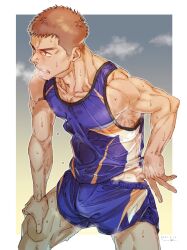 Rule 34 | 1boy, bara, bare arms, basketball uniform, blue shorts, blue tank top, brown hair, bulge, clothes pull, dolphin shorts, exhausted, feet out of frame, from above, heavy breathing, highres, hima (nichikan), male focus, original, pectorals, short hair, shorts, shorts pull, sideburns, sidepec, solo, sportswear, sweat, tank top, thick eyebrows, toned, toned male