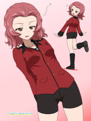 Rule 34 | 1girl, ass, bike shorts, black shorts, blush, breasts, brown eyes, girls und panzer, highres, looking at viewer, military uniform, multiple views, naotosi, open mouth, pink background, red hair, rosehip (girls und panzer), short hair, shorts, simple background, small breasts, st. gloriana&#039;s military uniform, uniform