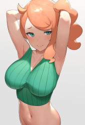 Rule 34 | 1girl, ahoge, aqua eyes, armpits, arms behind head, arms up, bare arms, bare shoulders, blush, bottomless, breasts, cleavage, closed mouth, creatures (company), game freak, groin, highres, impossible clothes, large breasts, looking at viewer, navel, nintendo, noel (nnoelllll), one side up, orange hair, out-of-frame censoring, pokemon, pokemon swsh, presenting armpit, simple background, smile, solo, sonia (pokemon), stomach, sweater vest, swept bangs, upper body, white background