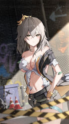 Rule 34 | 1girl, absurdres, banana peel, bare shoulders, blush, brick wall, cowboy shot, gloves, grey eyes, grey gloves, grey hair, grey shirt, grey skirt, highres, honkai: star rail, honkai (series), long hair, looking at viewer, miniskirt, navel, off shoulder, shirt, skirt, solo, standing, stelle (honkai: star rail), stomach, thighs, torn clothes, torn shirt, traffic cone, trailblazer (honkai: star rail), yeni1871