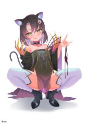 Rule 34 | :q, animal ear fluff, animal ears, arknights, artist name, bare shoulders, black choker, black dress, black footwear, black hair, black sleeves, boots, bow, bow panties, cat ears, cat girl, cat tail, choker, closed mouth, collarbone, commentary request, covered navel, detached sleeves, dress, full body, green eyes, hair ornament, high heel boots, high heels, highres, holding, holding clothes, holding panties, holding underwear, long sleeves, looking at viewer, mandragora (arknights), panties, unworn panties, parted bangs, recare, red panties, see-through, side-tie panties, smile, spread legs, squatting, strapless, strapless dress, tail, thighhighs, thighhighs under boots, tongue, tongue out, underwear, untied panties, white thighhighs, wide sleeves