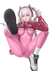 Rule 34 | 1girl, absurdres, alice (nikke), bodysuit, breasts, full body, ghhoward, gloves, goddess of victory: nikke, grey hair, hand up, highres, legs, long sleeves, looking at viewer, medium breasts, nail polish, open mouth, pink bodysuit, red bodysuit, shoe soles, shoes, simple background, sitting, sneakers, solo, teeth, two-tone bodysuit, upper teeth only, white background, white footwear