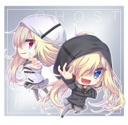 Rule 34 | 1girl, 9-nine-, :d, amatsuji, back-to-back, belt, black belt, black hoodie, blonde hair, blue eyes, border, character name, chibi, chibi only, commentary request, crazy smile, eyelashes, eyes visible through hair, fang, fighting stance, floating hair, ghost (9-nine-), grey background, grey skirt, grey thighhighs, hair over one eye, hand up, highres, hood, hood up, hoodie, long hair, long sleeves, looking at viewer, miniskirt, multiple views, one eye covered, open mouth, profile, reaching, reaching towards viewer, red eyes, sideways glance, signature, simple background, skirt, smile, smirk, standing, thighhighs, tsurime, v-shaped eyebrows, very long hair, white border, white hoodie, wide sleeves, zettai ryouiki
