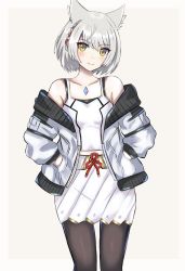 Rule 34 | 1girl, animal ears, cat ears, chest jewel, hands in pockets, highres, jacket, langspower, leggings, mio (xenoblade), pleated skirt, short hair, shoulder strap, simple background, skirt, solo, standing, tank top, white hair, white jacket, white skirt, white tank top, xenoblade chronicles (series), xenoblade chronicles 3, yellow eyes
