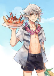 Rule 34 | 1boy, anocurry, blouse, blue sky, cherry, corn, corrin (fire emblem), corrin (male) (fire emblem), corrin (male) (fire emblem), cowboy shot, fire emblem, fire emblem fates, fire emblem heroes, flower, flower necklace, food, fruit, holding, ice cream, jewelry, lei, looking at viewer, male focus, messy hair, necklace, nintendo, open clothes, open shirt, plate, pointy ears, shirt, shorts, sky, smile, solo, standing, wafer stick, white hair