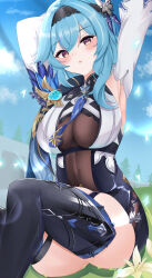 Rule 34 | 1girl, absurdres, arms up, belt, black gloves, black hairband, black leotard, black thighhighs, blue cape, blue hair, blue sky, blush, breasts, cape, eula (genshin impact), genshin impact, gloves, hair ornament, hairband, highres, kuro (blackpgmickey), large breasts, leotard, long sleeves, looking at viewer, medium hair, necktie, open mouth, purple eyes, shirt, sidelocks, sitting, sky, solo, thighhighs, thighs, underbust, vision (genshin impact), white shirt