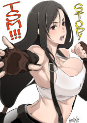 Rule 34 | bare shoulders, black hair, blush, breasts, brown eyes, brown gloves, butcha-u, cleavage, clenched hand, covered erect nipples, english text, final fantasy, final fantasy vii, fingerless gloves, gloves, highres, incoming attack, incoming punch, large breasts, long hair, looking at viewer, midriff, open mouth, punching, simple background, suspenders, sweat, tank top, teeth, tifa lockhart, white background