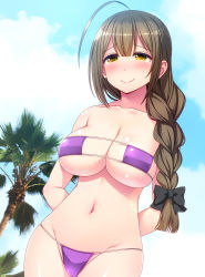 Rule 34 | 1girl, ahoge, arms behind back, bare arms, bare shoulders, bikini, black bow, blue sky, blush, bow, braid, breasts, brown hair, cleavage, closed mouth, cloud, cloudy sky, collarbone, commentary request, curvy, day, dutch angle, eyepatch bikini, furrowed brow, groin, hair between eyes, hair bow, hair over shoulder, half-closed eyes, head tilt, highres, huge ahoge, idolmaster, idolmaster shiny colors, kuwayama chiyuki, large breasts, lips, long braid, long hair, looking at viewer, navel, outdoors, parted bangs, purple bikini, sagging breasts, single braid, sky, smile, solo, standing, string bikini, swimsuit, totokichi, very long hair, yellow eyes