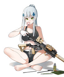 Rule 34 | 1girl, absurdres, alternate hairstyle, bare shoulders, barefoot, black shorts, blunt bangs, breasts, blowing bubbles, chewing gum, cleaning, cleaning weapon, cleavage, closed mouth, collarbone, dickbomber, facial mark, girls&#039; frontline, gloves, green eyes, gun, hair ornament, hand up, high ponytail, highres, hk416 (girls&#039; frontline), holding, holding gun, holding weapon, indian style, light frown, long hair, medium breasts, shadow, short shorts, shorts, silver hair, simple background, sitting, solo, sports bra, spread legs, teardrop, thighs, weapon, white background, white gloves