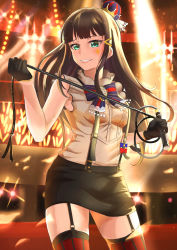 Rule 34 | 10s, 1girl, absurdres, black gloves, black hair, black skirt, blue bow, blue bowtie, bow, bowtie, commentary request, crown, facial mark, garter straps, gloves, glowstick, green eyes, grin, hair ornament, hairpin, half gloves, highres, holding, holding whip, kurosawa dia, lace-trimmed bow, lace trim, long hair, looking at viewer, love live!, love live! school idol festival, love live! sunshine!!, mini crown, miniskirt, mole, mole under mouth, shaka 0515, skirt, sleeveless, smile, solo, stage lights, striped bow, striped bowtie, striped clothes, striped neckwear, striped thighhighs, suspender skirt, suspenders, thighhighs, vertical-striped clothes, vertical-striped thighhighs, whip