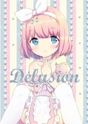 Rule 34 | 1girl, bare shoulders, blue eyes, blush, bob cut, bow, breasts, closed mouth, collarbone, detached sleeves, dress, frills, hair bow, hairband, hand on own chest, hand up, heart, heart background, looking at viewer, original, pink dress, pink hair, puffy detached sleeves, puffy sleeves, short hair, sitting, small breasts, solo, star (symbol), starry background, striped, striped background, suzuki moeko, thighhighs, vertical stripes, white bow, white thighhighs