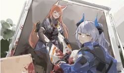 Rule 34 | 1other, 2girls, anger vein, animal ears, arknights, black pantyhose, blood, blood on clothes, blood on face, blue hair, blue jacket, blush, carrying, carrying person, clenched teeth, closed eyes, commentary, dragon horns, dress, elbow gloves, english commentary, fox ears, fox girl, fox tail, franka (arknights), gloves, grey dress, hair between eyes, highres, horns, jacket, liskarm (arknights), looking at viewer, multiple girls, open mouth, orange eyes, orange hair, pantyhose, ponytail, shinnasuka025, sweatdrop, tail, teeth