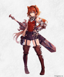 Rule 34 | 1girl, armor, asymmetrical gloves, boots, bridal gauntlets, brown footwear, brown thighhighs, ezusuke, full body, garter straps, gloves, hairband, highres, huge weapon, long hair, looking at viewer, official art, philia (shingeki no bahamut), ponytail, purple eyes, red hair, sheath, sheathed, shingeki no bahamut, short shorts, shorts, simple background, smile, solo, sword, thigh boots, thighhighs, uneven gloves, weapon, white background