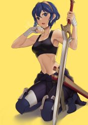 Rule 34 | 1girl, absurdres, blue eyes, blue hair, blush, breasts, ebinku, falchion (fire emblem), fire emblem, fire emblem awakening, gloves, hair between eyes, highres, jewelry, looking at viewer, lucina (fire emblem), navel, nintendo, pants, short hair, simple background, small breasts, solo, sweat, sword, tank top, tiara, weapon