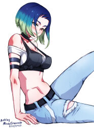 Rule 34 | 1girl, artist name, bare shoulders, belt, black belt, black shirt, blue hair, blue pants, blush, breasts, brown eyes, commentary, creatures (company), crop top, dated, denim, english commentary, fingernails, game freak, gradient hair, green hair, grin, invisible chair, jeans, looking at viewer, medium breasts, midriff, mina cream, multicolored hair, navel, nintendo, pants, perrin (pokemon), pokemon, pokemon sv, shirt, short hair, simple background, sitting, sleeveless, sleeveless shirt, smile, solo, stomach, two-tone hair, white background