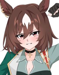 Rule 34 | 1girl, absurdres, animal ears, black choker, blush, breasts, brown hair, choker, cleavage, clenched hand, collared shirt, commentary request, ear ornament, fingerless gloves, gloves, green jacket, grey shirt, grin, hair between eyes, haru (pntre25), highres, horse ears, horse girl, jacket, kabedon, long hair, long sleeves, looking at viewer, medium breasts, multicolored hair, pendant choker, red eyes, shirt, simple background, sirius symboli (umamusume), smile, solo, streaked hair, umamusume, upper body, white background, white hair