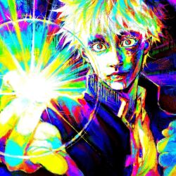 Rule 34 | 1boy, abstract, abstract background, bezzybuddy, black jacket, colorful, constricted pupils, crazy eyes, diffraction spikes, energy, gojou satoru, jacket, jujutsu kaisen, lens flare, long sleeves, looking at viewer, magic, male focus, multicolored background, open clothes, open jacket, reaching, reaching towards viewer, realistic, sanpaku, shirt, short hair, solo, upper body, wide-eyed