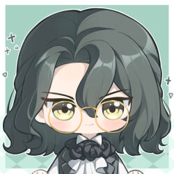 Rule 34 | 1boy, absurdres, ai chi guobaoyou, ascot, black flower, black hair, black vest, chibi, closed mouth, flower, forget me not (reverse:1999), glasses, green background, green eyes, hair between eyes, highres, looking at viewer, male focus, medium hair, neck flower, reverse:1999, round eyewear, shirt, smile, solo, upper body, v-shaped eyebrows, vest, white ascot, white shirt, yellow-framed eyewear, yellow eyes