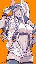 Rule 34 | 1girl, animal ears, baseball cap, boku no hero academia, breasts, commentary, cowboy shot, cropped jacket, gloves, greyscale with colored background, grin, hand on headwear, hand on own hip, hat, highleg, highleg panties, highres, large breasts, long hair, looking at viewer, midriff, mirko, monochrome, navel, o-ring collar, open fly, orange background, orange eyes, panties, ponytail, rabbit ears, rabbit girl, rabbit tail, short eyebrows, short shorts, shorts, simple background, smile, solo, sports bra, spot color, symbol-only commentary, tail, takatsuki ichi, thick thighs, thighhighs, thighs, underwear, v-shaped eyebrows