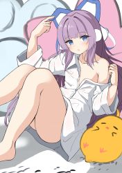 Rule 34 | 1girl, :o, absurdres, animal, arm up, azur lane, bare shoulders, bird, blue eyes, blush, chick, collared shirt, commentary request, dress shirt, feet out of frame, hand up, highres, knees together feet apart, knees up, long hair, long sleeves, looking at viewer, manjuu (azur lane), moyoron, naked shirt, off shoulder, official alternate costume, parted lips, purple hair, shirt, solo, tashkent (azur lane), tashkent (the blue snoozer) (azur lane), very long hair, white shirt