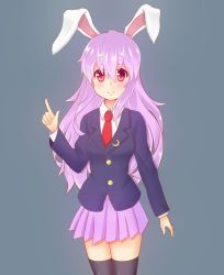 Rule 34 | 1girl, animal ears, black thighhighs, blazer, blouse, blue background, blush, c:, crescent moon, extra ears, highres, jacket, light purple hair, long hair, looking at viewer, moon, necktie, pleated skirt, purple hair, rabbit ears, red eyes, red necktie, reisen udongein inaba, shirt, simple background, skirt, smile, solo, thighhighs, touhou, very long hair, wataame (k66t009921)