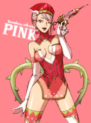 Rule 34 | 10s, 1girl, alternate color, alternate costume, bad id, bad pixiv id, bare shoulders, blue rose (tiger &amp; bunny), boots, breasts, cleavage, earrings, elbow gloves, fingernails, fingernails over gloves, food-themed earrings, gloves, gun, jewelry, karina lyle, lipstick, makeup, medium breasts, one eye closed, palette swap, pink eyes, pink hair, pink theme, short hair, solo, superhero costume, thigh boots, thighhighs, tiger &amp; bunny, weapon, wink, x hako