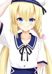 Rule 34 | 1girl, absurdres, alternate costume, alternate hairstyle, arm at side, arm up, black ribbon, blue eyes, blue sailor collar, blunt ends, blush, bow, closed mouth, commentary, crossed bangs, eyelashes, hair between eyes, hair bow, hat, highres, kiki0319i, long hair, looking at viewer, low twintails, neck ribbon, pink bow, ribbon, sailor collar, sailor hat, school uniform, serafuku, shirayuki noa, shirt, short sleeves, simple background, single sidelock, smile, solo, straight-on, straight hair, tenshi souzou re-boot!, twintails, upper body, very long hair, white background, white hat, white shirt