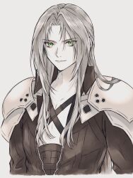 Rule 34 | 1boy, 3wa tari, armor, black jacket, chest strap, final fantasy, final fantasy vii, final fantasy vii remake, green eyes, grey hair, high collar, jacket, light smile, long bangs, long hair, long sleeves, looking at viewer, male focus, parted bangs, portrait, sephiroth, shoulder armor, slit pupils, solo, spot color, upper body