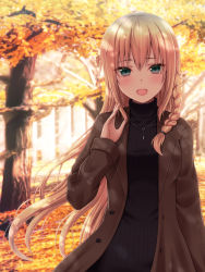 Rule 34 | 1girl, :d, autumn, autumn leaves, backlighting, black sweater, blonde hair, blush, braid, breasts, brown coat, coat, commentary request, day, green eyes, hair between eyes, hair over shoulder, hanazome dotera, hand up, highres, long hair, long sleeves, looking at viewer, medium breasts, open clothes, open coat, open mouth, original, outdoors, ribbed sweater, single braid, sleeves past wrists, smile, solo, sweater, turtleneck, turtleneck sweater, very long hair