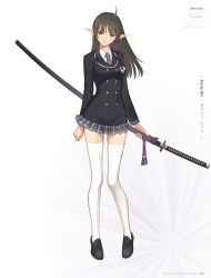 Rule 34 | 1girl, ahoge, artist name, black footwear, breasts, brown eyes, brown hair, character name, copyright name, elf, full body, grey necktie, grey skirt, head tilt, highres, holding, holding sword, holding weapon, katana, long hair, looking at viewer, medium breasts, miniskirt, necktie, parted lips, pleated skirt, pointy ears, school uniform, sheath, sheathed, shining (series), shining blade, shoes, simple background, skirt, solo, standing, sword, thighhighs, tony taka, weapon, white background, white thighhighs, xecty ein, zettai ryouiki