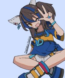 Rule 34 | 1girl, arm up, belt, black hair, blue background, blue footwear, blue shirt, boots, character name, daitaku helios (umamusume), ear covers, fang, hair ornament, hairclip, head tilt, indian style, jewelry, long hair, looking at viewer, multicolored hair, multicolored nails, necklace, one eye closed, open mouth, shirt, short shorts, short sleeves, shorts, side ponytail, sitting, skin fang, solo, streaked hair, sudzume, tied shirt, umamusume, w, white shorts, yellow eyes