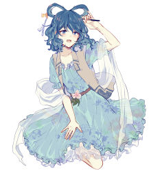 Rule 34 | 1girl, aqua dress, belt, blue eyes, blue hair, blush, breasts, collarbone, dress, drill hair, flower, hair ornament, hair rings, hair stick, highres, holding, holding stick, kaku seiga, kneeling, looking at viewer, open mouth, petticoat, puffy short sleeves, puffy sleeves, see-through, shawl, short hair, short sleeves, simple background, small breasts, smile, solo, stick, touhou, twin drills, uranaishi (miraura), vest, wavy hair, white background
