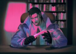 Rule 34 | 1boy, 9gu 84, absurdres, black gloves, black hair, blue coat, coat, collared coat, gloves, highres, holding, holding knife, indoors, knife, looking at viewer, loose hair strand, male focus, mature male, medium hair, ponytail, scar, scar on chin, scar on face, scar on mouth, scar on nose, sergei dragunov, sitting, solo, tekken, upper body