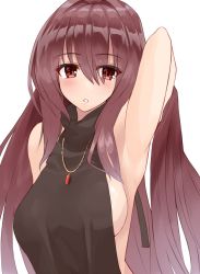 Rule 34 | 1girl, arm up, armpits, black dress, blush, breasts, drawstring, dress, fate/grand order, fate (series), hair between eyes, halterneck, highres, jewelry, large breasts, long hair, looking at viewer, meme attire, necklace, parted lips, purple hair, red eyes, scathach (fate), shunichi, sideboob, simple background, solo, turtleneck, upper body, very long hair, virgin killer sweater, white background