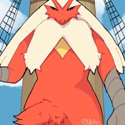 Rule 34 | 1boy, arm at side, artist name, bags under eyes, beak, bird boy, black eyes, blaziken, blonde hair, blue sky, body fur, boke-chan, closed mouth, cloud, colored sclera, creatures (company), day, furry, furry male, game freak, gen 3 pokemon, half-closed eyes, hand up, long hair, looking at viewer, male focus, mast, meme, nintendo, outdoors, pokemon, pokemon (creature), red fur, signature, sky, solo, standing, straight-on, the one piece is real (meme), twitter username, two-tone fur, upper body, yellow fur, yellow sclera